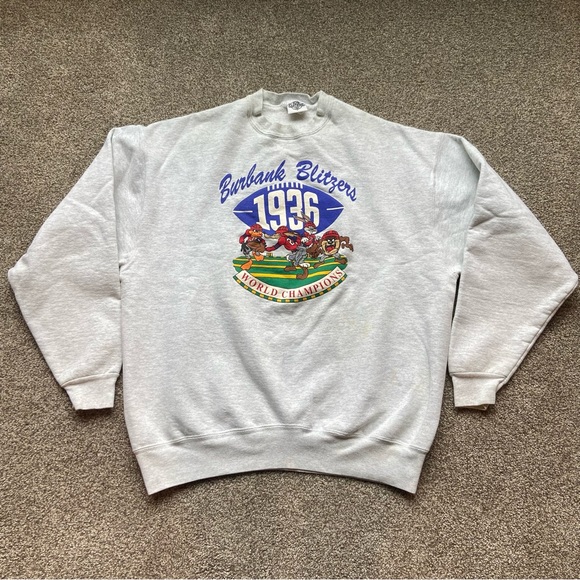 VINTAGE 1991 WARNER BROS BUTBANK BLITZERS FOOTBALL CREWNECK SWEATSHIRT GRAY RARE - Picture 2 of 16
